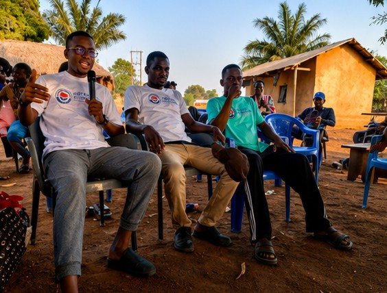 Volunteers seated and speaking with the community