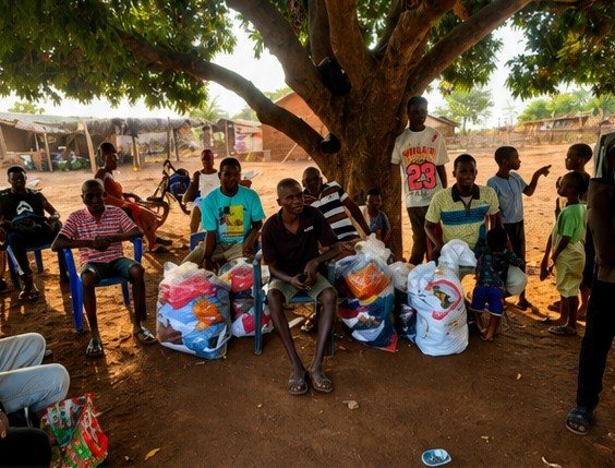 Volunteers and residents with bags of donated clothing under a tree