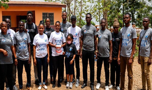 Team of volunteers posing at a school compound