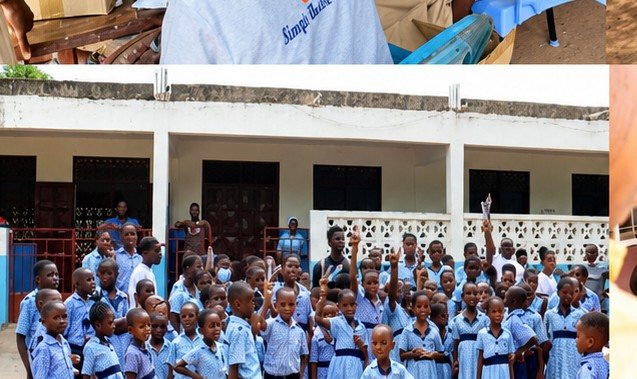 Schoolchildren assembled in a courtyard for dental outreach