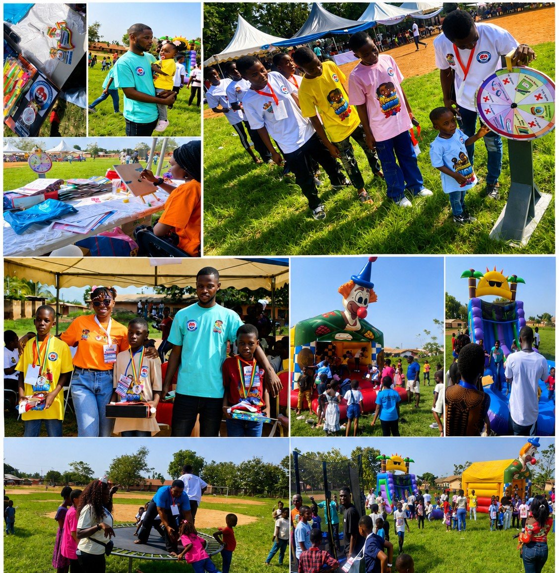 Collage of children enjoying games, bounce castles and prizes at the Kpando Kids Festival
