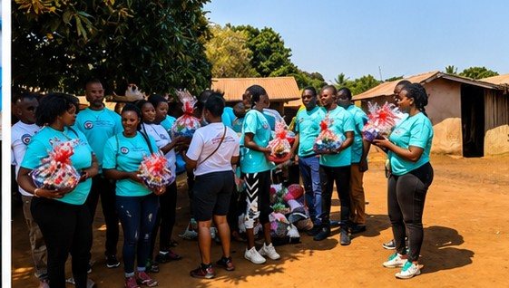Volunteers in teal shirts lined up with donation gifts