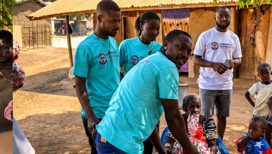 Volunteers giving gifts to children and residents