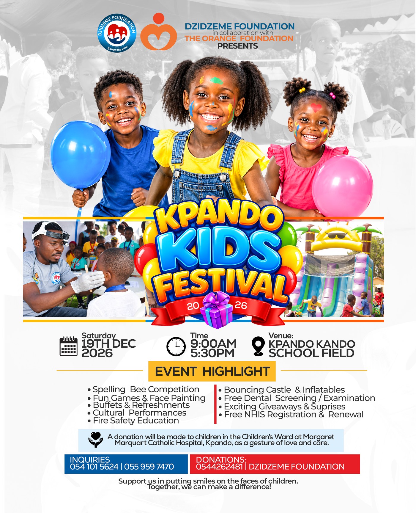 Kpando Kids Festival 2026 flyer — Saturday 19th December 2026, 9:00am to 5:30pm, at Kpando Kando School Field. Presented by Dzidzeme Foundation in collaboration with The Orange Foundation.